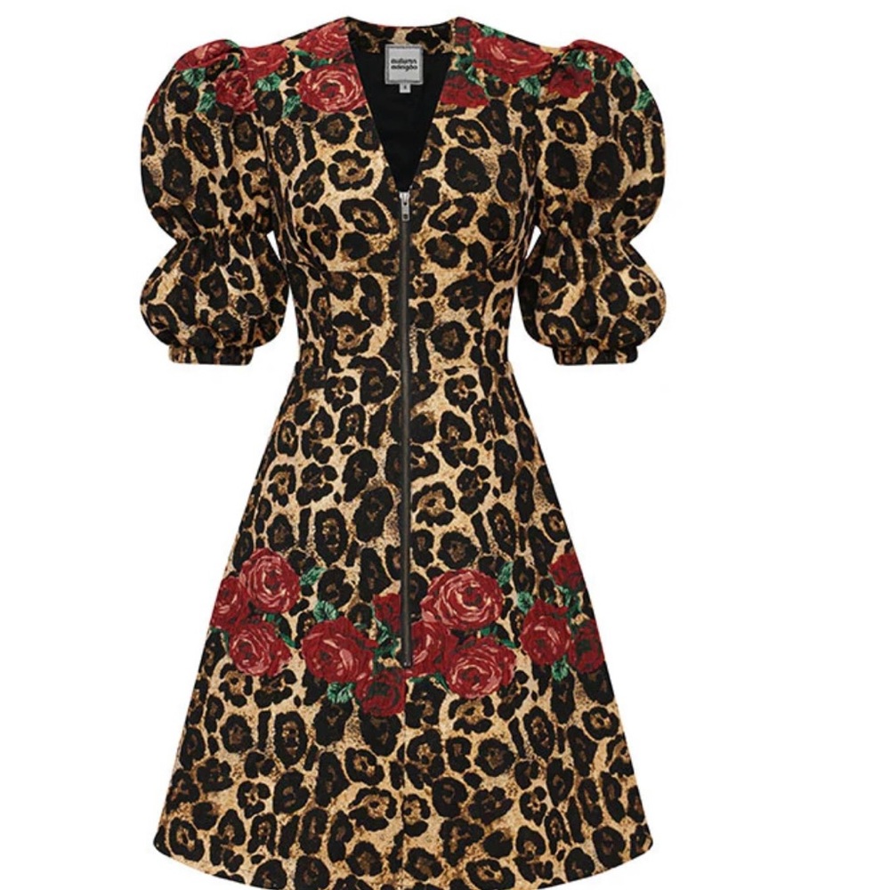 Autumm  Adeigbo Leopard Print Dress with Red Floral Accents